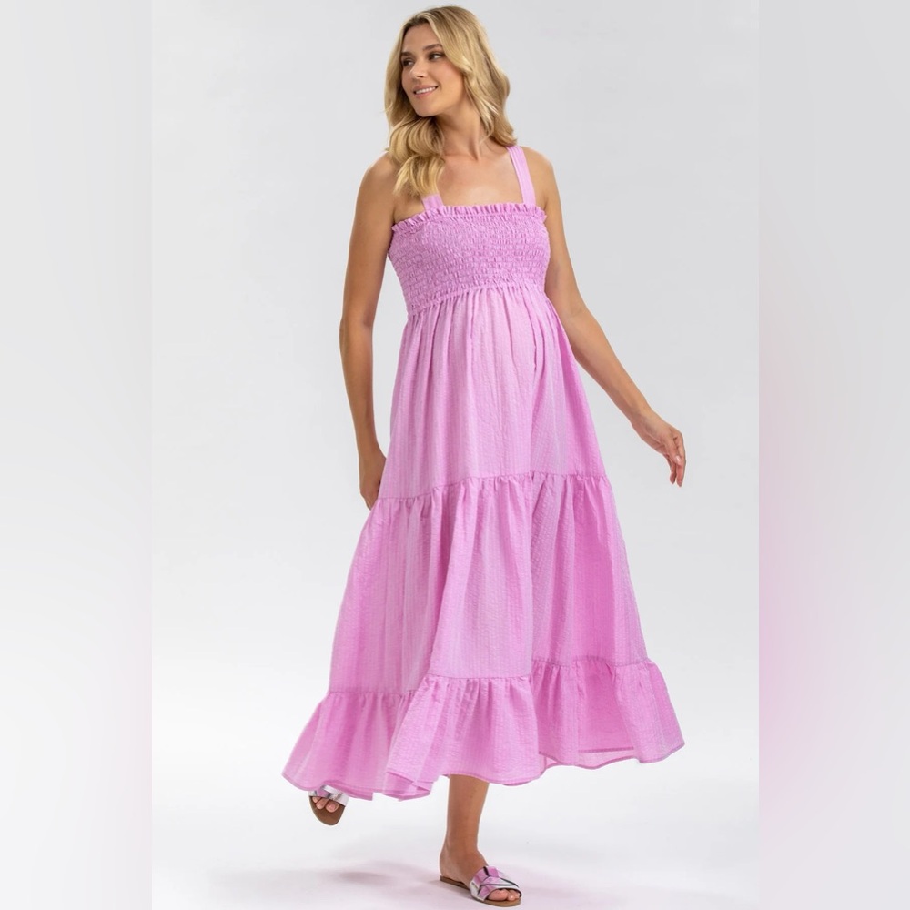 NWT Pietro Brunelli HOLLY | Maxi Maternity Dress in Pink Seersucker Cotton XS